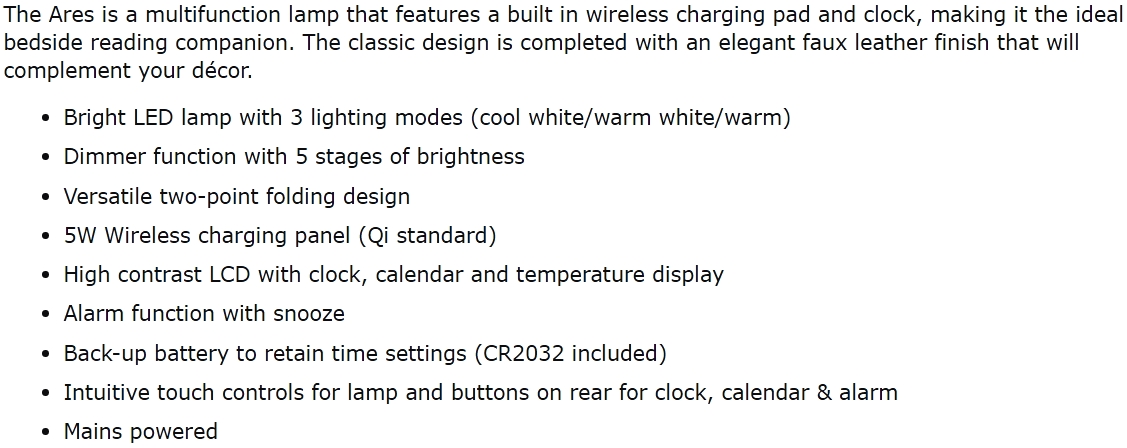 מנורת שולחן עם משטח טעינה אלחוטית GROOV-E ARES GC-WC04-BK GV-WC04-WE TEXT